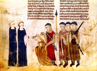 Marguerite av Burgund (1290–1315), kone til den franske kongen Ludvig X, får klippet håret for utroskap (vellum)