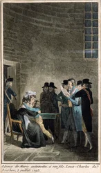Marie-Antoinette (1755-1793) tar farvel med sønnen Dauphin, Louis-Charles de Bourbon (1785-1795) ved tempelet, 3. juli 1793, (fargegravering laget på tidspunktet for restaureringen av monaen