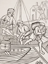 Å måle salt, etter et tresnitt i 'Ordonnances de la Prevoste des Marchands de Paris', 1500, fra 'Le Moyen Age et La Renaissance' av Paul Lacroix (1806-84) utgitt 1847