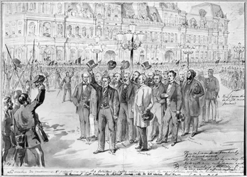 Medlemmer av den provisoriske regjeringen inspiserer nasjonalgarden utenfor Hôtel de Ville i Paris den 31. oktober 1870, ca. 1870