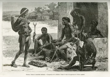 Menn, kvinner og bruksgjenstander (Bihe-regionen, Rwanda). Gravering av D. Maillart, for å illustrere historien om hvordan jeg krysset Afrika, fra Atlanterhavet til Det indiske hav, av major Serpa Pinto, i 1877–1878, publisert i Tour du monde, under ledels