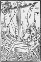 Merchant ship of the Middle Ages amidst the perils of the sea. Engraving In “La Marine et les colonies: commerce”