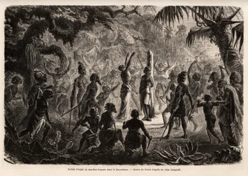 Meriah Pujah eller menneskeoffer, Khondistan (Engelsk-India). Tegning av Fuchs, for å illustrere major John Campbells studie av menneskeofringer i engelsk India