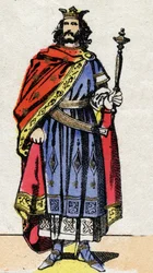 Merovingian Dynasty: Portrait of Chilperic II (circa 700-721) King of the Franks from 715 to 721. Epinal imaging from the end of the 19th century. Private collection.