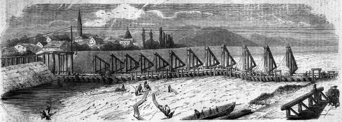 Meteorological phenomene: desiccation of the Rhine in 1858. View of the Kehl Bridge (Germany), taken downstream of the French coast. Engraving in “” Le Monde Illustré”” n°50 of 27 March 1858.