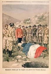 Militær utmerkelse ble utdelt til general Georges de Villebois-Mareuil (1847-1900) av britene på kirkegården i Boshof, illustrasjon fra Le Petit Journal, 29. april 1900