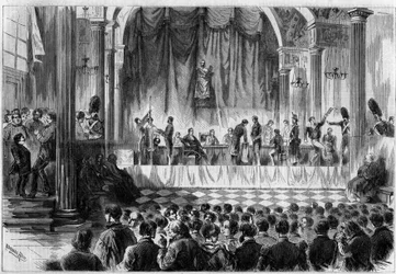 Military recruitment: draw of lots for conscripts of 1858, in the Saint Jean room of the Hotel de Ville in Paris. Engraving in “” Le Monde Illustré”” n°44 of 13 February 1858.