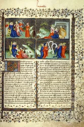 Miniatyr som illustrerer mødrenes dom, ankomsten til dronningen av Saba, Salomos undervisning og doktorenes disputasjon, ca. 1410