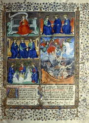 Miniatyr som representerer himmelriket før skapelsen: Sapientia, treenigheten og utdrivelsen av Lucifer fra himmelen, ca. 1410