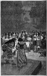 Moliere og troppen hans spiller før kong Louis XIV og kardinal Jules Mazarin (Giulio Raimondo Mazzarino eller Mazarino) (1602-1661). Gravering i "The Illustrous World"" 1886.