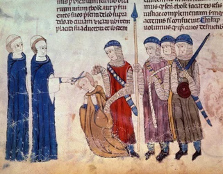 Monk klippet som straff for utskeielsen sin. Miniatyr fra manuskriptet "" Customs of Toulouse" (Folio 33V)