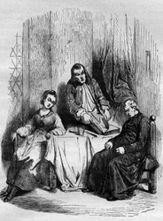 Monsieur De Breteuil, intendant i Limousin, kontrollerer menighetsregistrene som føres av Dubois, sogneprest og fremtidig kardinal. Gravering fra "The History of Prostitution and Debauche in All Peoples of the World from Antiquity to Today" av Dr. Th. -F. 