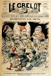 Døende Tyrkia og utenlandske makter som kjemper for støvlene hans, dekker "" Le Grelot"" 21/2/1897.