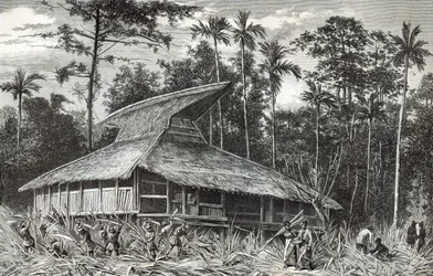 Moske i Dodinga, New Guinea, illustrasjon fra magasinet Le Tour du Monde, 1879