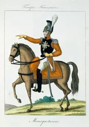 Mounted Musketeer, fra Troupes Francaises, pub. i Basset, Paris, ca. 1790