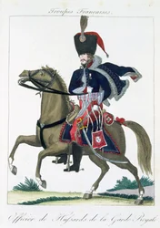 Montert offiser for Hussars of the Royal Guard, fra Troupes Francaises, pub. hos Basset, Paris, ca. 1790