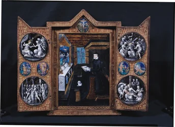 Sørgeskap med scener fra Kristi liv og attributter til Henri II (1519-59) og Catherine de Medici (1519-89) (emalje og tre)