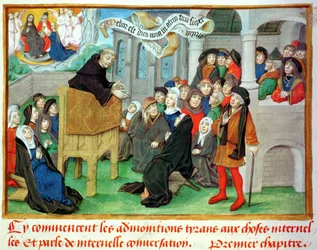 Ms.230 fol.57 Munk forkynner om imitasjon, fra Sermons sur la Passion et Traites Divers av Jean de Gerson (1363-1429)