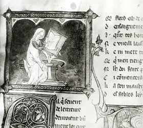 Ms.3142 fol.256 Marie de France (fl. 1100-tallet) skrift, fra en antologi med franske dikt, ca. 1280-90 (detalj)