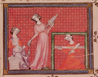 Ms 1044 f.101 Women Spinning Wool, fra Ovide Moralise skrevet av Chretien Legouais