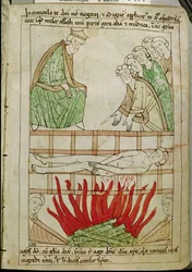 Ms 108 fol.213 The Martyrdom of St. Lawrence i 258 AD, fra en bibel