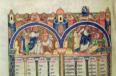 Ms 10 f.128v Evangelistenes kanon, detalj som viser Kristus som helbreder mannen med vatter og driver ut demoner fra en besatt mann, fra en latinsk bibel