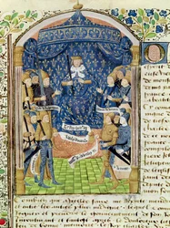 Ms 1151 f.1 Charles VII (1403-61) Omgitt av hoffet og Jeanne d