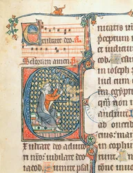 Ms 124 f. 83 Historikk forbok som viser kong David som spiller et klokkespill, illustrasjon fra en psalter