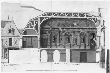 Ms 130736 Sør-nord tverrsnitt av Grand Salon og Salle de Diane i Chateau de Versailles konstruert av Louis Le Vau ((1612-70) (wc på papir)