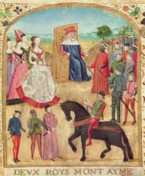 Ms 1335 f.1 Margaret av York blir introdusert for sin fremtidige ektemann, Karl den dristige 27. juni 1468 i Damme