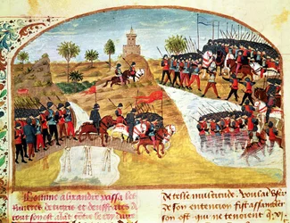 Ms 1335 f.62v Hvordan Alexander den store (356-323 f.Kr.) krysset Tigris og Eufrat, fra Vie dAlexandre le Grand