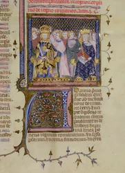 Ms. 13, fol. 232: Kroningen av Ludvig IX (1214/15-70) og sannsynligvis Fredrik II (1194-1250), fra en salmebok av Pierre Lombard, tidlig på 1400-tallet