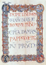 Ms 154 fol.3 Side med tekst med blomsterkant, fra bokstavene til St. Hieronymus