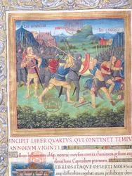 Fru 1581 f. 071 Illustrasjon fra bok IV (From the Rejection of that Generation to the Death of Moses), kapittel 1 av jødenes antikviteter (Antiquitates Judaicae) av Flavius Josephus - Fight of