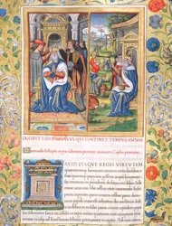 Fru 1581 f. 154 Illustrasjon fra bok VIII (Fra Davids død til Akabs død), kapittel 1 av jødenes antikviteter (Antiquitates Judaicae) av Flavius Josephus - Hvordan Salomo, da han