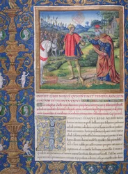Fru 1581 f. 178v Illustrasjon fra bok IX (Fra Akabs død til de ti stammenes fangenskap), kapittel 1 av jødenes antikviteter (Antiquitates Judaicae) av Flavius Josephus - kong Jeho