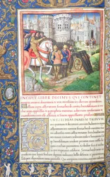 Fru 1581 f. 195v Illustrasjon fra bok X (Fra de ti stammenes fangenskap til Kyros første år), kapittel 1 av jødenes antikviteter (Antiquitates Judaicae) av Flavius Josephus Sennac