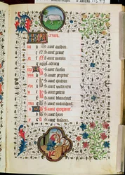 Fru 19. mars: Væren og en mann som feller trær, fra en timebok, tidlig på 1400-tallet