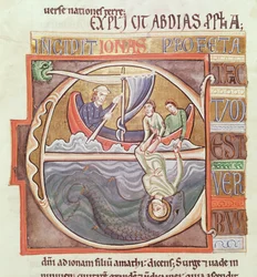 Ms 1 Fol.196v Historikert initial E som viser Jonah kastet i havet, fra Souvigny-bibelen, sent på 1100-tallet