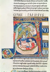 Ms 1 fol.185v Historikert initial A som viser Daniel i løvehulen, fra Souvigny-bibelen