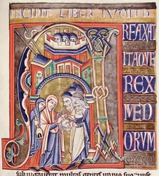 Ms 1 fol.292 Historikert initial som viser Judith med hodet til Holofernes, fra Souvigny-bibelen
