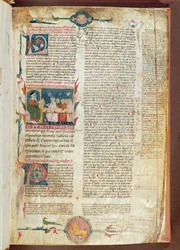 Frk. 2046 fol. 1 Instruksjonsscene, første side av Aforismer av Hippokrates med kommentarer av Galen