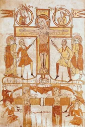 Ms 24 fol.7v Korsfestelsen og delingen av Frelserens klær, fra et evangelium