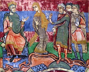 Ms 250 f.24r St. Radegund (518-87) ledet før Clothar I (497-561) fra Life of St. Radegund