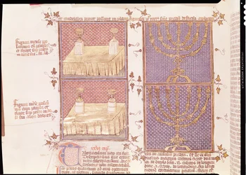 Ms 290 Tome 1 f.89v Tabell over offergaver og menorahen, fra Postilles sur la Bible av Nicolas de Lyre