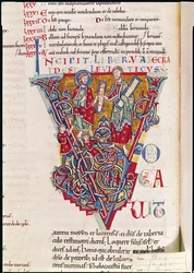 Ms 2 fol.41v Historiert innledning V som viser en scene fra Tredje Mosebok, fra St. Benigne-bibelen