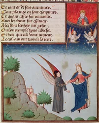 Ms 3045 fol.94r Lady Philosophy fører Boethius i flukt til himmelen på vingene som hun har gitt ham; Gud Faderen ser på i velsignelse