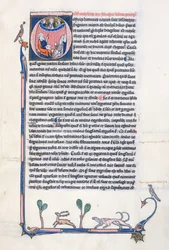 Ms 3458, historikert initial O som skildrer den antikke greske filosofen Aristoteles, som underviste en gruppe geistlige fra Vest-Europa og peker oppover mot Gud i himmelen (penn og blekk og tempera