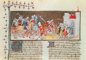 Ms 3479 t.1 fol.558 Scene med riddere som kjemper, fra Livre de Messire Lancelot du Lac