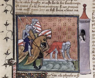 Ms 3480 fol.77 Lancelot Crossing the Sword Bridge, fra boken til Sir Lancelot du Lac